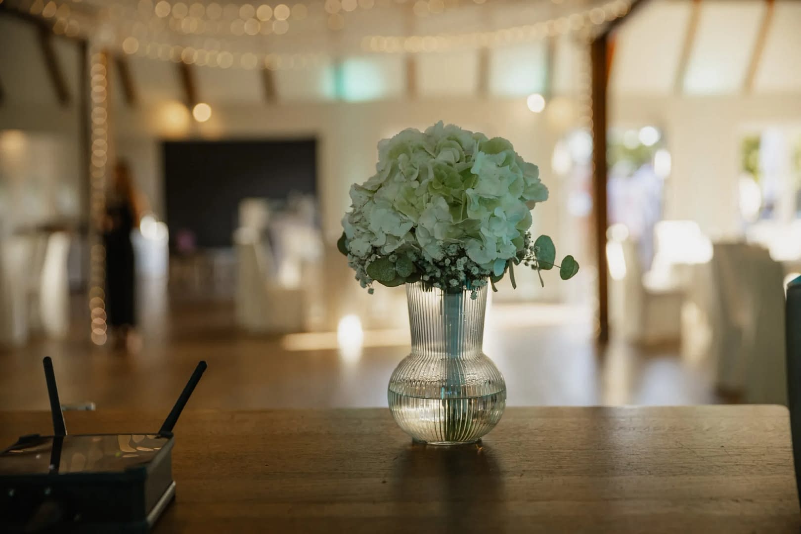 hortensien vase schleierkraut eukalyptus lichterketten bokeh